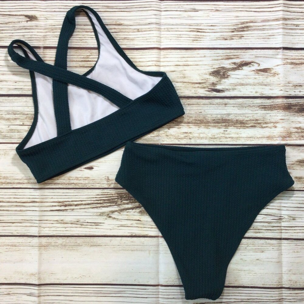 3/$10💕 Hunter Green Textured High Waist Cheeky Racer Back Top 2 Piece Swim Suit - Picture 4 of 6